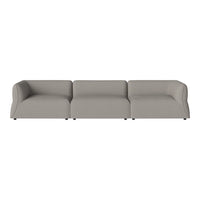 Gray three-seater sofa with smooth upholstery and minimalist design, perfect for modern living spaces.