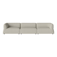 Light beige, smooth fabric three-seater sofa with minimalist design and no visible patterns.
