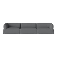 Gray three-seater sofa with smooth upholstery and curved arms, showcasing a modern minimalist style.