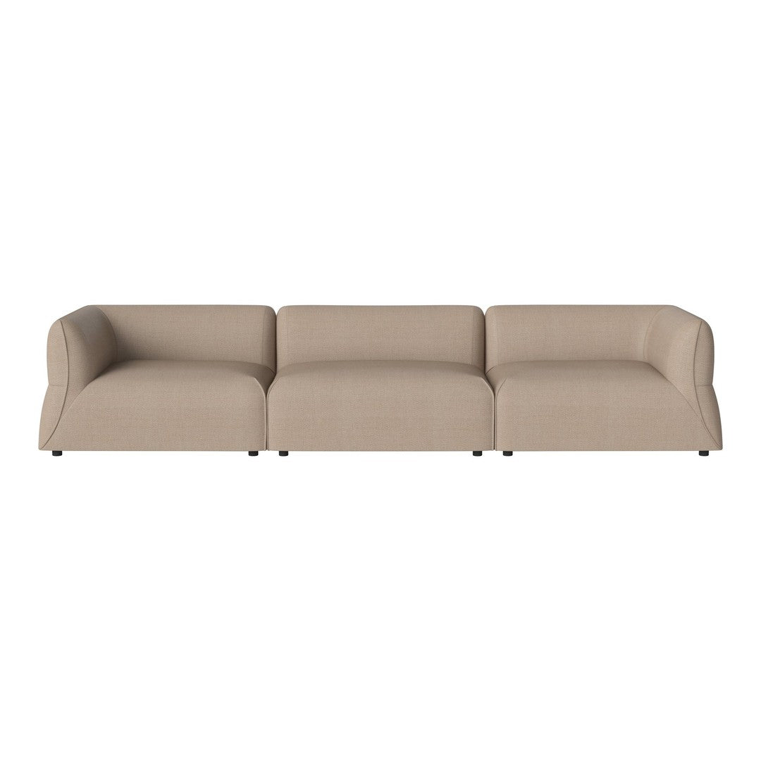 Beige three-seater sofa with a smooth, textured fabric and sleek, minimalist design. Perfect for modern interiors.