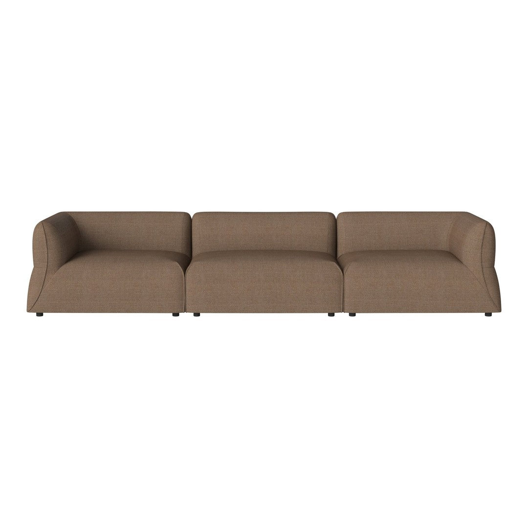 Brown three-seater sofa with smooth upholstery and minimalist design, perfect for modern living spaces.