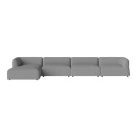Modern gray sectional sofa with a minimalist design, featuring sleek lines and a uniform fabric texture.