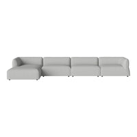 Light gray sectional sofa with a smooth, modern design and minimalistic pattern. Perfect for contemporary interiors.