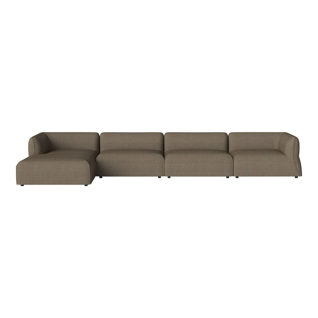 "Modern sectional sofa in a warm taupe color with a smooth, solid pattern, ideal for contemporary living spaces."