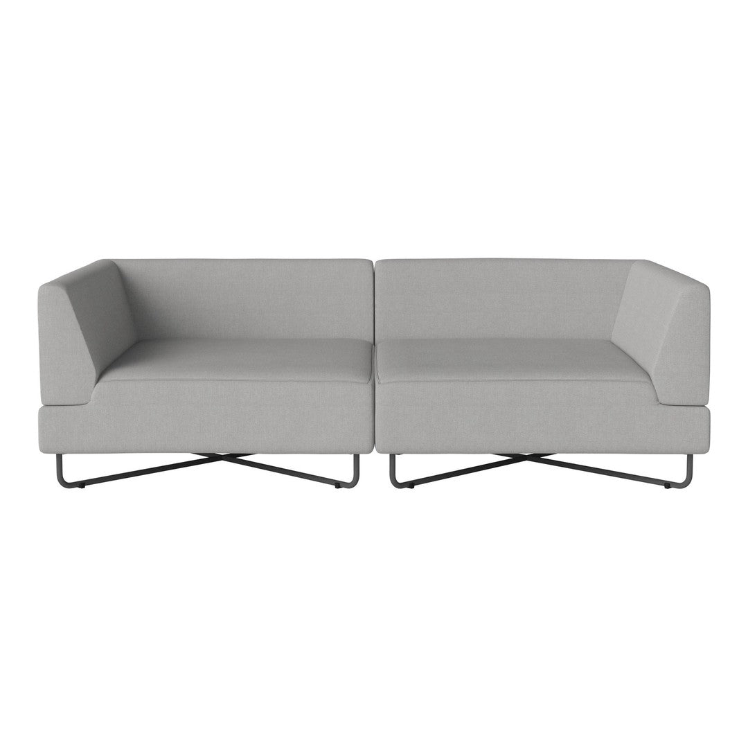 Modern gray two-seater sofa with a sleek design and minimalistic style, featuring clean lines and a smooth fabric finish.