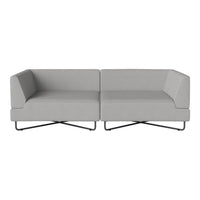 Modern gray two-seater sofa with a sleek design and minimalistic style, featuring clean lines and a smooth fabric finish.
