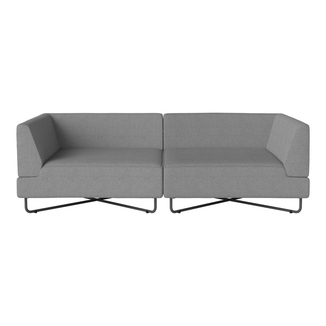 Modern gray two-seater sofa with clean lines and minimalistic design, featuring a solid color fabric and sleek black metal legs.