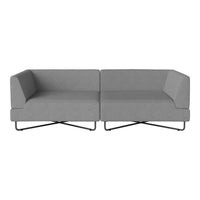 Modern gray two-seater sofa with clean lines and minimalistic design, featuring a solid color fabric and sleek black metal legs.
