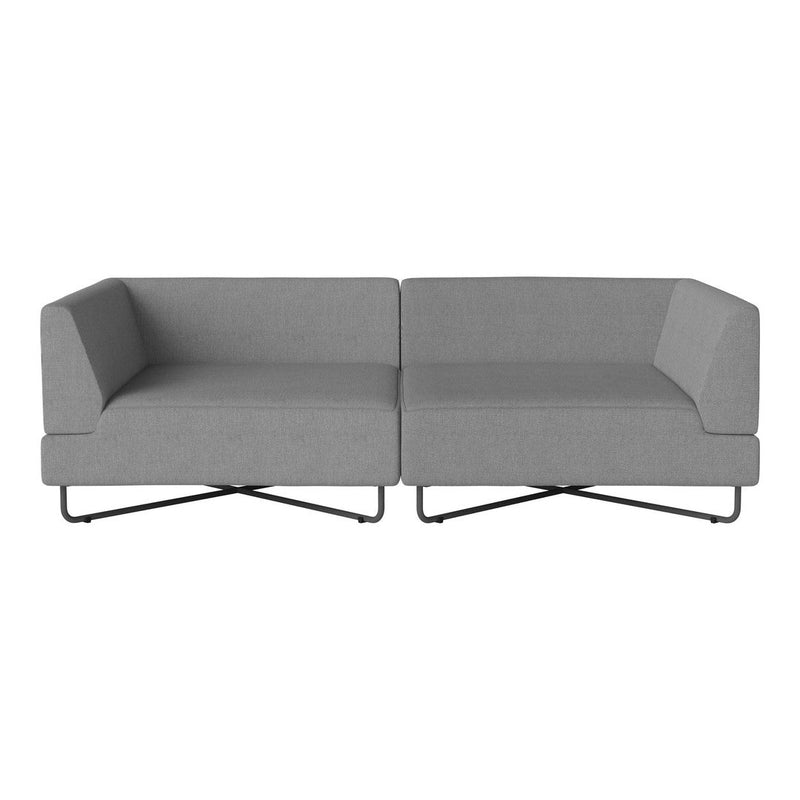 Modern gray two-seater sofa with clean lines and minimalistic design, featuring a solid color fabric and sleek black metal legs.
