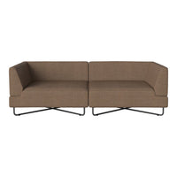 Modern modular sofa in warm brown fabric with a smooth texture and minimalistic cross-leg design.