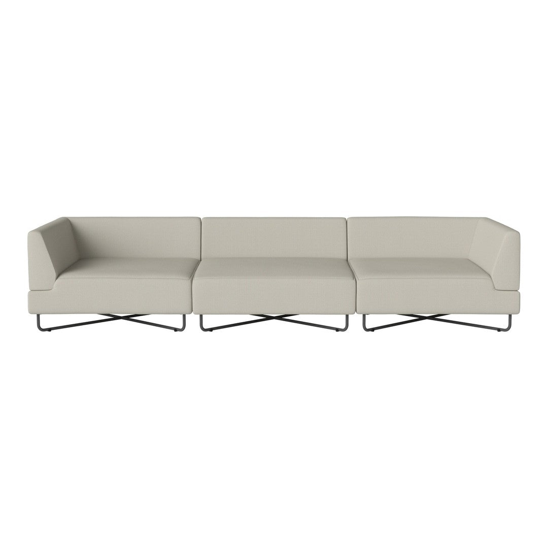 Modern light gray sofa with a minimalist design and smooth fabric, featuring sleek metal legs. No noticeable patterns.