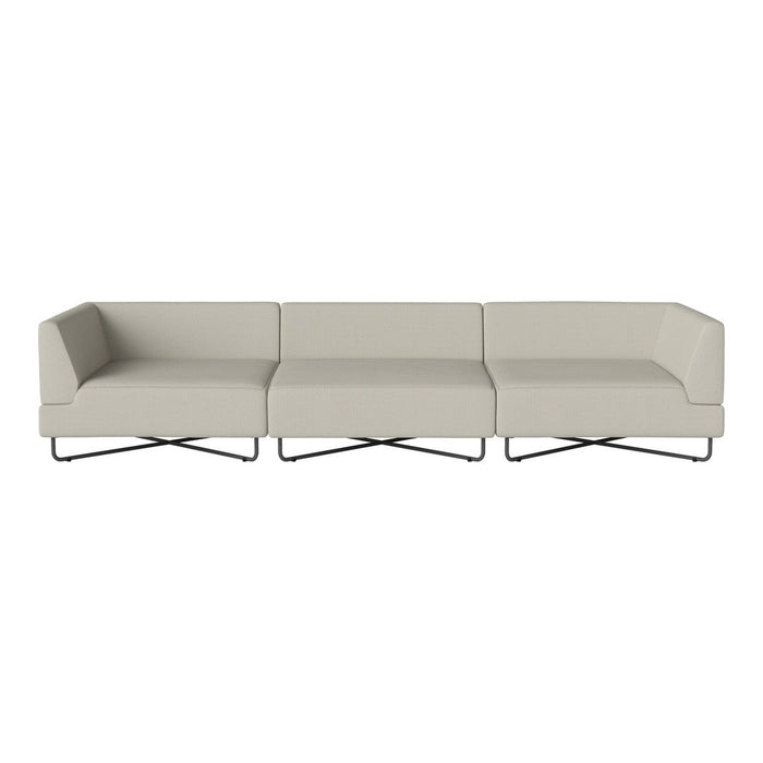 Modern light gray sofa with a minimalist design and smooth fabric, featuring sleek metal legs. No noticeable patterns.