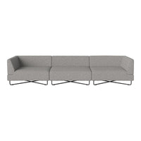 Gray upholstered sofa with geometric pattern and modern black metal legs. Sophisticated design for contemporary spaces.