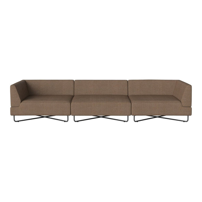 Brown sectional sofa with a minimalist design and textured fabric, accentuated by sleek metal legs.
