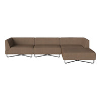 Brown sectional sofa with a smooth texture and minimalistic design, featuring modern black metal legs.