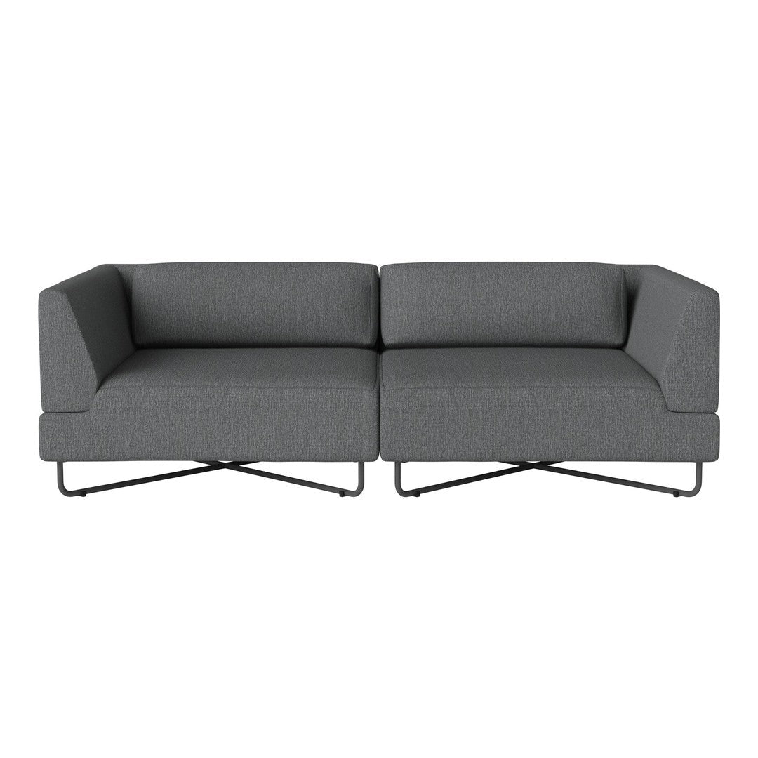 Grey two-seater sofa with clean lines and a modern design, featuring a textured fabric and sleek metal legs.