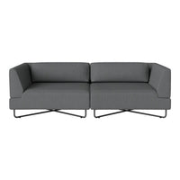 Grey two-seater sofa with clean lines and a modern design, featuring a textured fabric and sleek metal legs.
