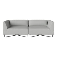 Modern gray two-seater sofa with a minimalist design and contrasting black metal legs.