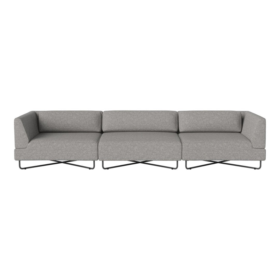Modern gray sectional sofa with a textured pattern and sleek black metal legs. Perfect for contemporary living spaces.