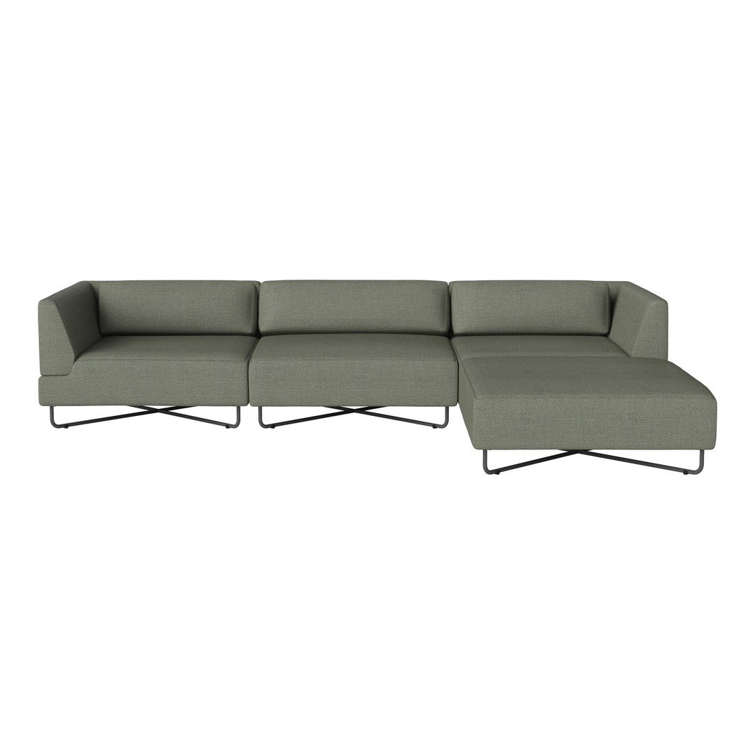 Modern sectional sofa in muted olive green fabric with sleek black metal legs and minimalist design.