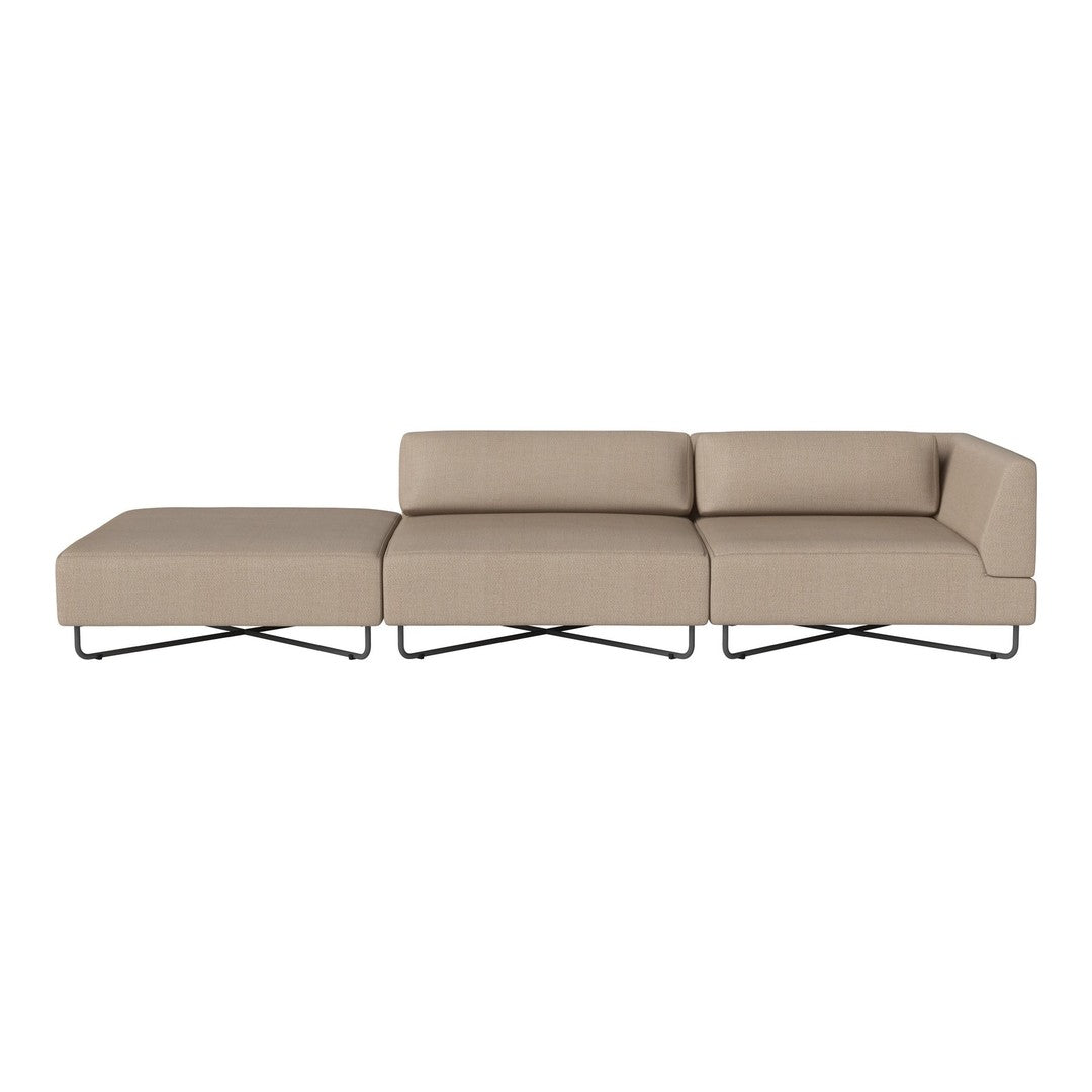Beige modern sectional sofa with clean lines and minimalist design, featuring subtle texture and a sleek metal base.