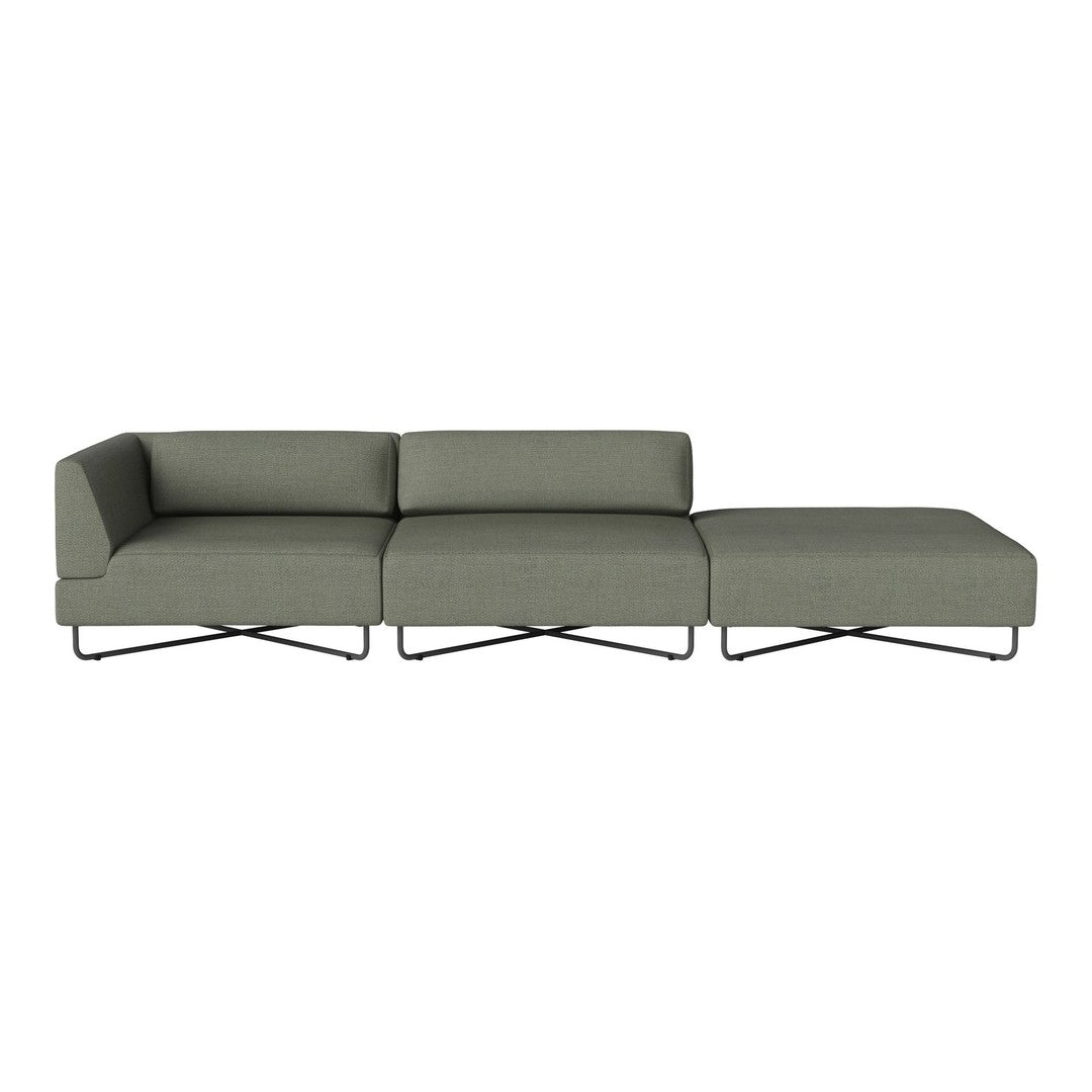 Stylish modern sectional sofa in muted olive green fabric with clean lines and sleek metal legs.