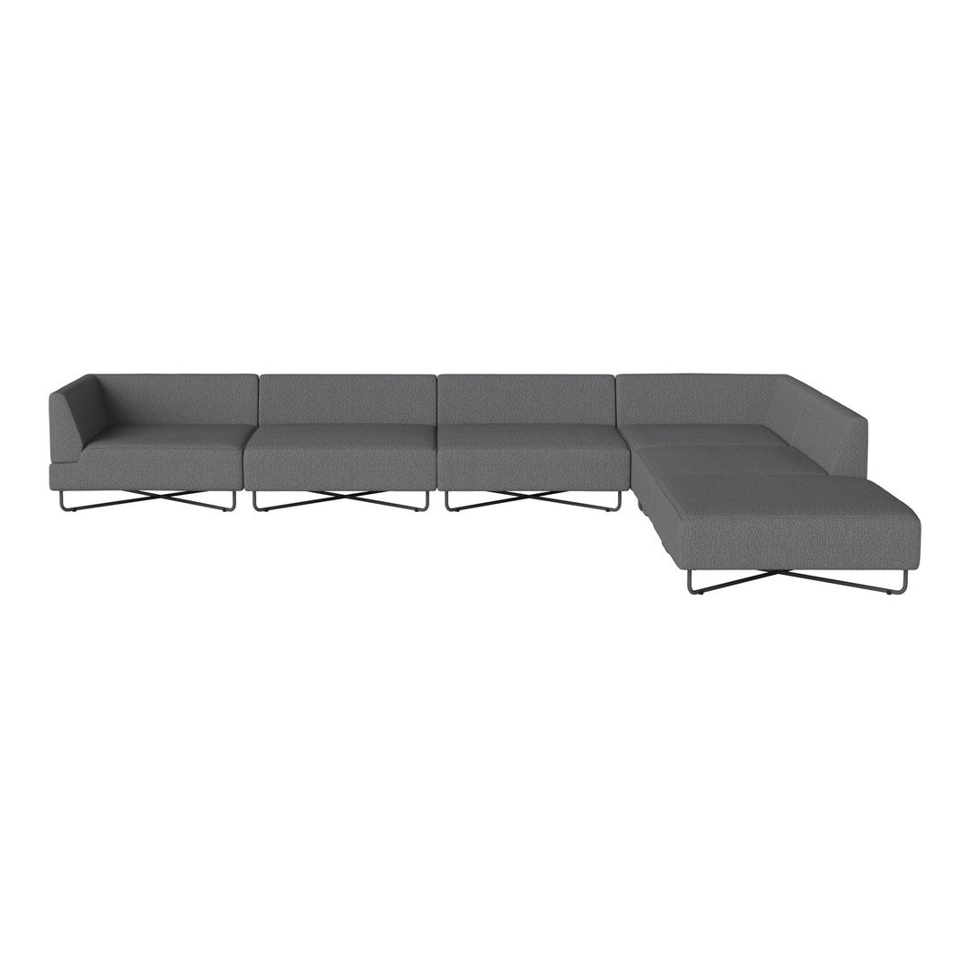 Modern gray sectional sofa with clean lines and minimalistic design, featuring a smooth fabric finish.
