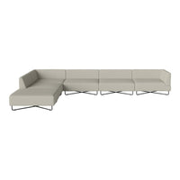 Light gray modular sectional sofa with clean lines and a minimalist design on a sleek metal base.