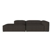 Modern dark brown sectional sofa with a sleek, minimalist design and smooth fabric texture. Ideal for contemporary spaces.