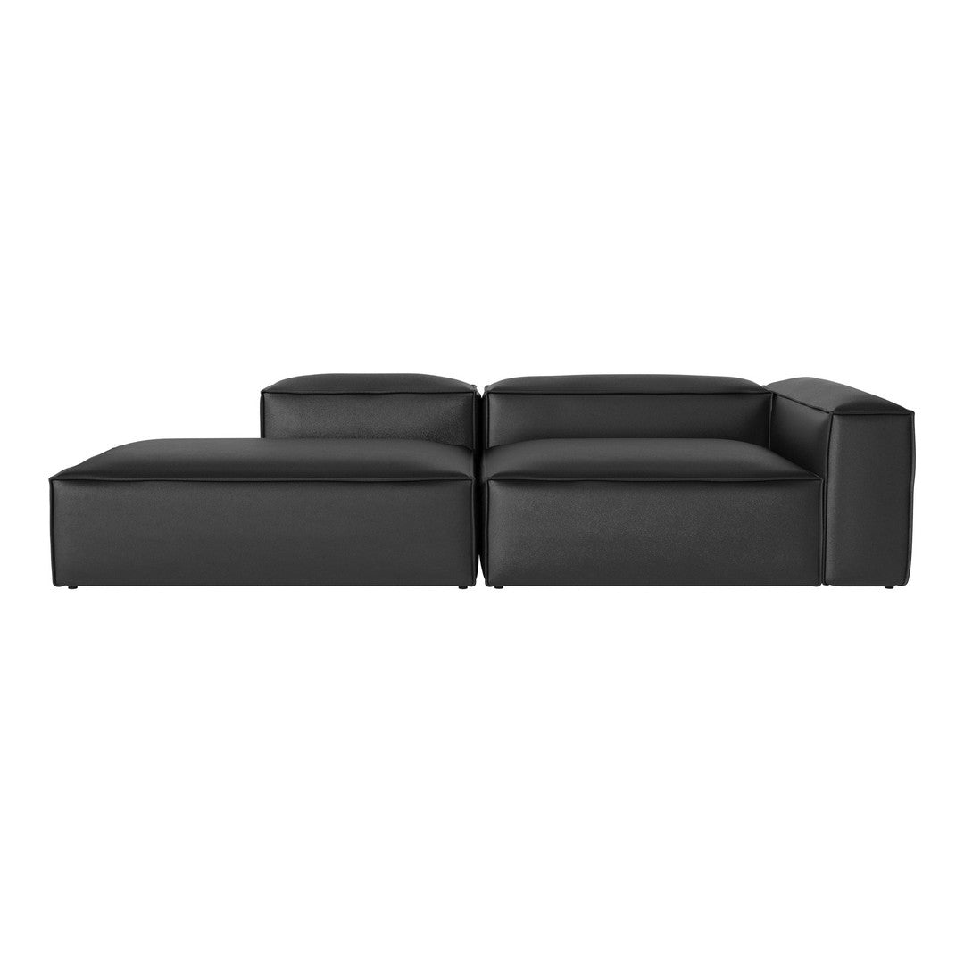 Black leather sectional sofa with smooth, modern lines and minimalist design. Perfect for contemporary living spaces.