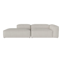 Light grey sectional sofa with a simple, modern design and soft, textured fabric.