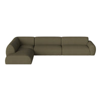 Olive green sectional sofa with a minimalist design and smooth, upholstered fabric. Perfect for modern living spaces.