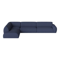 Navy blue sectional sofa with a sleek, modern design and smooth, solid fabric upholstery.