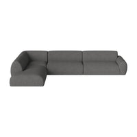 Gray sectional sofa with a modern, clean design and smooth fabric texture, ideal for contemporary living spaces.