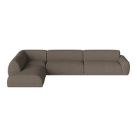Stylish L-shaped sofa in a warm taupe color with a smooth, modern fabric texture. Ideal for contemporary spaces.
