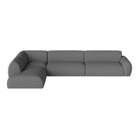 Modern sectional sofa in a sleek, solid gray fabric with a minimalist design and smooth curves. Ideal for contemporary spaces.