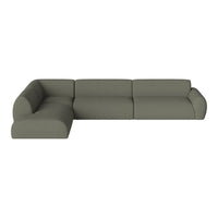Modern sectional sofa in muted olive green, featuring a sleek, minimalist design with soft, smooth textures.