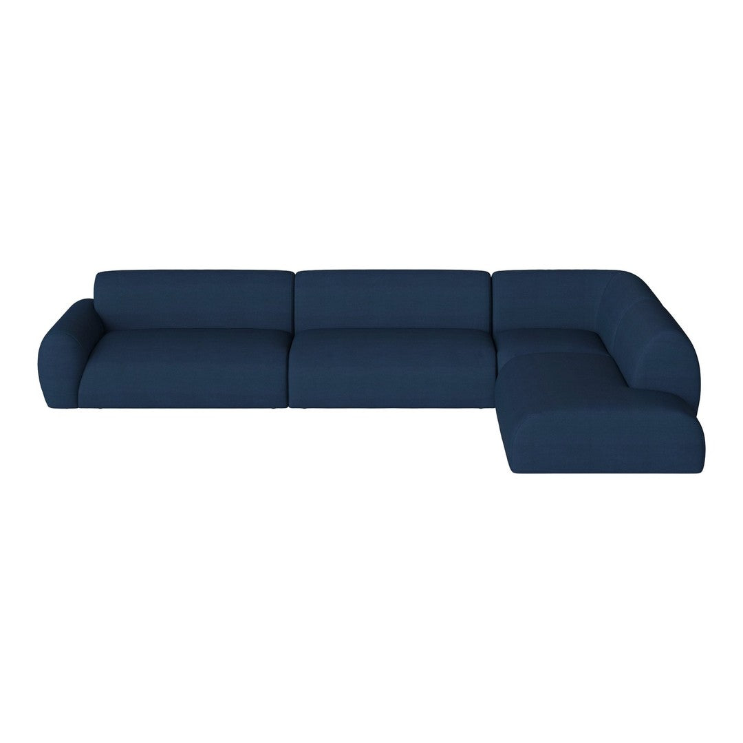 Elegant dark blue sectional sofa with a minimalist design and smooth, solid fabric upholstery. Perfect for modern decor.