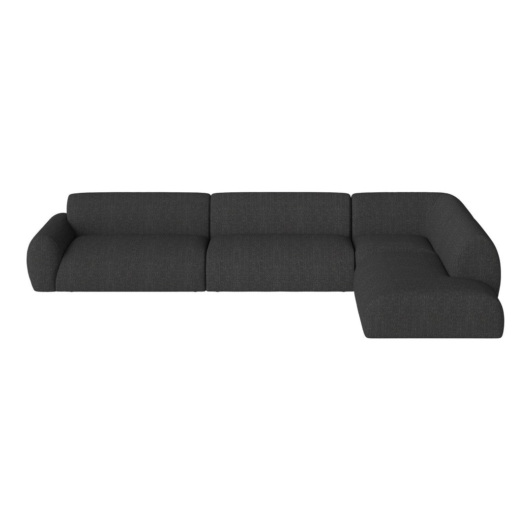 Dark gray sectional sofa with a smooth, modern fabric texture, perfect for contemporary living spaces.