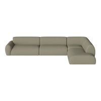 Light taupe sectional sofa with smooth fabric and modern minimalist design, perfect for contemporary living spaces.