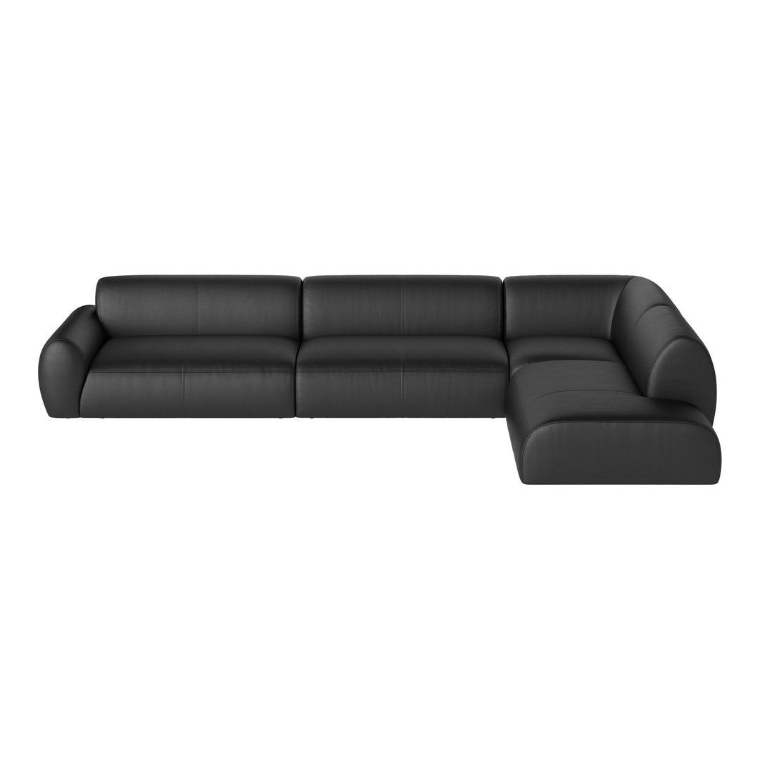 Modern black sectional sofa with a sleek, minimalist design and smooth, textured upholstery. Perfect for contemporary decor.