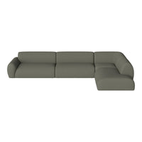 Olive green sectional sofa with a sleek, modern design and smooth fabric upholstery. Ideal for contemporary living spaces.