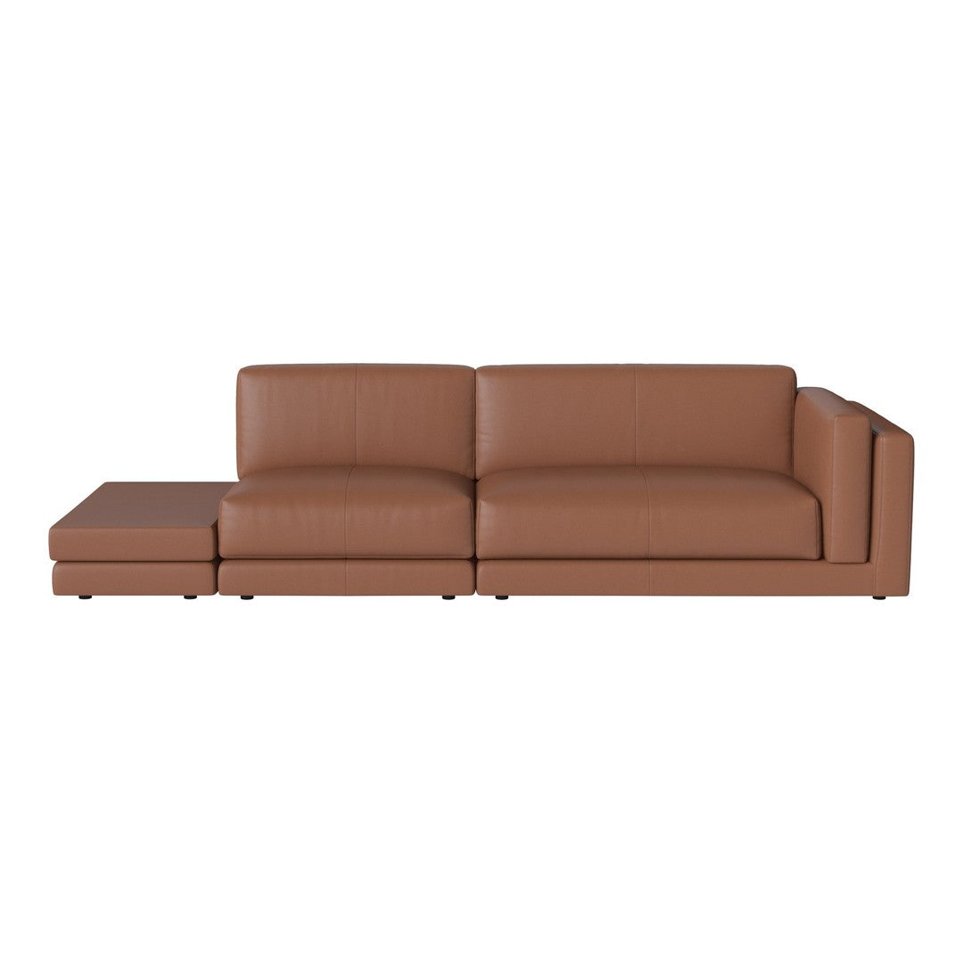Brown leather sectional sofa with smooth, minimalist design and clean lines. Ideal for modern living spaces.