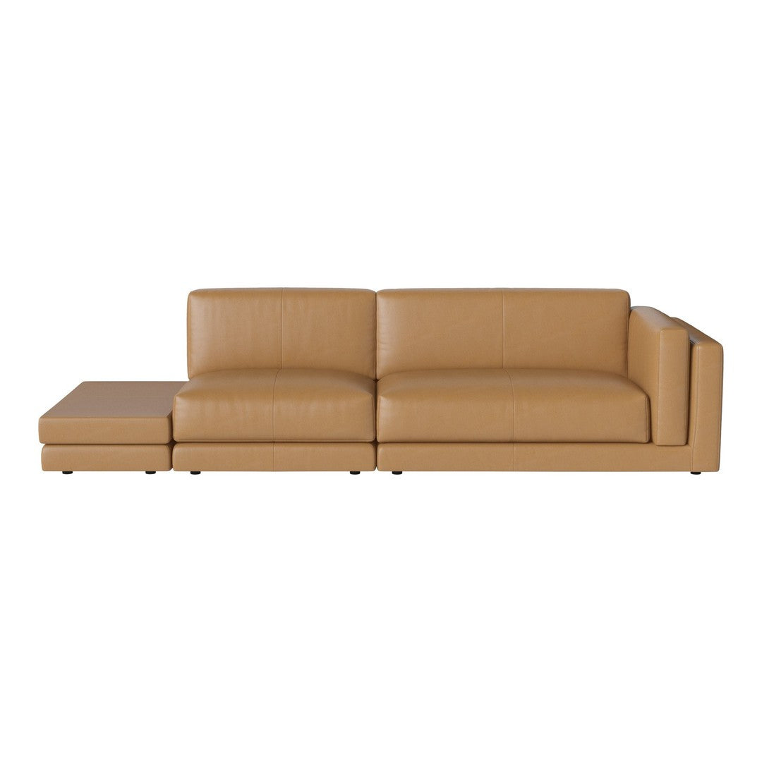Tan leather sectional sofa with sleek, modern lines and minimalistic design. Perfect for contemporary interiors.