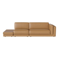 Tan leather sectional sofa with sleek, modern lines and minimalistic design. Perfect for contemporary interiors.