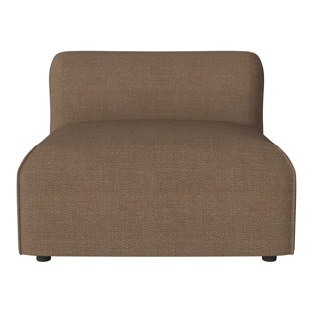 Brown upholstered accent chair with a textured pattern, featuring a smooth, modern design and rounded edges.