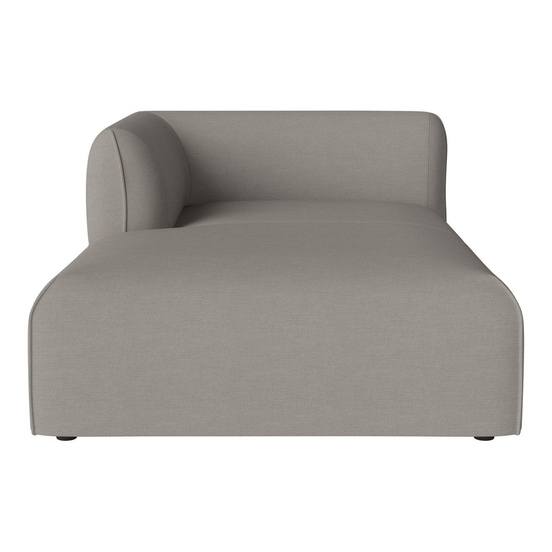 Gray minimalist chaise lounge with smooth, solid fabric pattern and a rounded backrest. Perfect for modern decor.