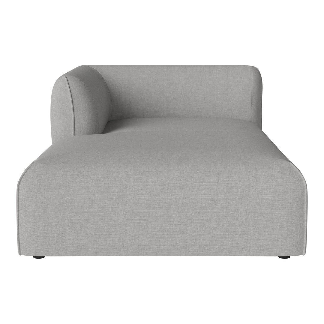 Gray chaise lounge with a minimalist design and smooth fabric texture, featuring clean lines and a contemporary look.