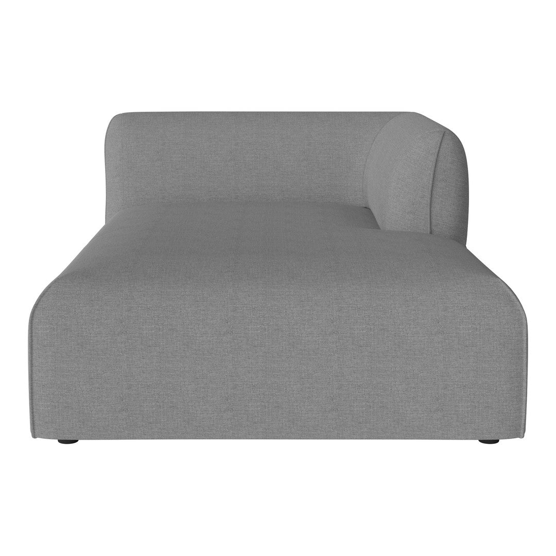 Gray upholstered chaise lounge with a smooth, minimalist design and subtle texture. Perfect for modern living spaces.