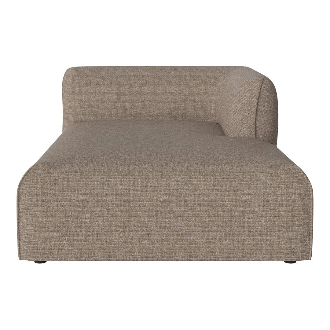"Textured beige chaise lounge with a smooth, modern design, featuring a curved back and minimalist silhouette."